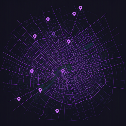 stylized minimalist dark mode map showing urban grid of London Mayfair district with subtle violet pins
