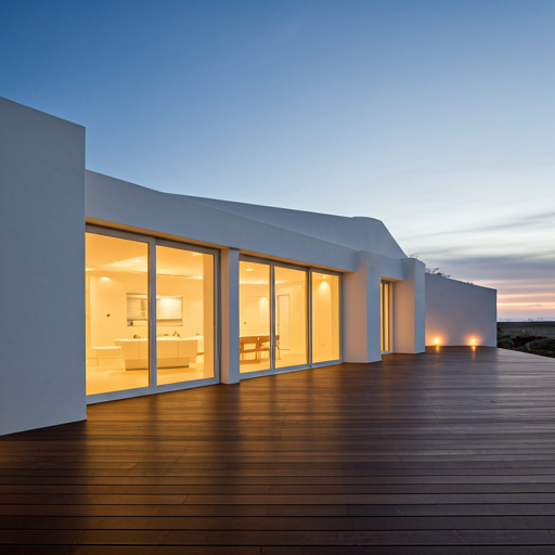 exterior of a contemporary luxury beach house with white walls and wood deck at sunset