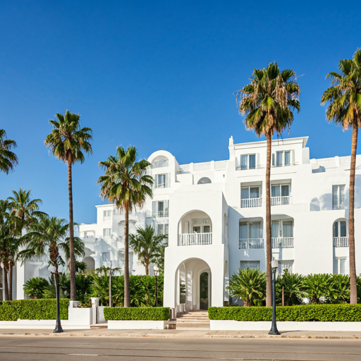 Luxury beachfront property with a white exterior and palm trees under a bright summer sun with high contrast shadows