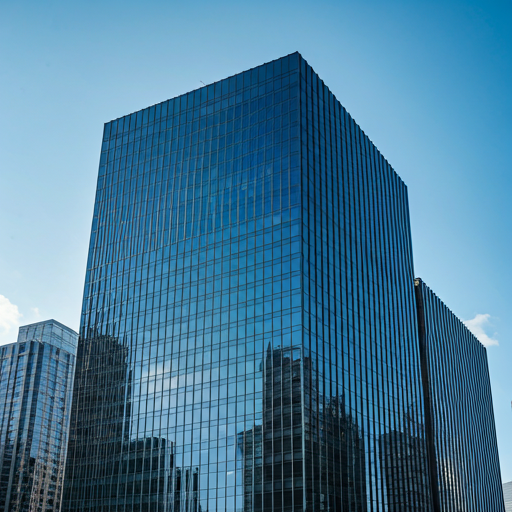 Sleek glass skyscraper office building in a financial district under a clear blue sky reflecting the surrounding urban landscape
